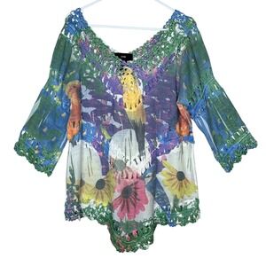 RAIN Boho Bird Floral Crochet V Neck Tunic Top Shirt‎ Women's Size L Art To Wear
